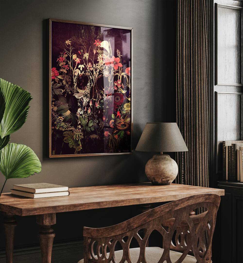 Bloom Skull Botanical Art Prints Floral Paintings in Dark  Wood Plain Frame placed on a wall behind a study table and beside a window