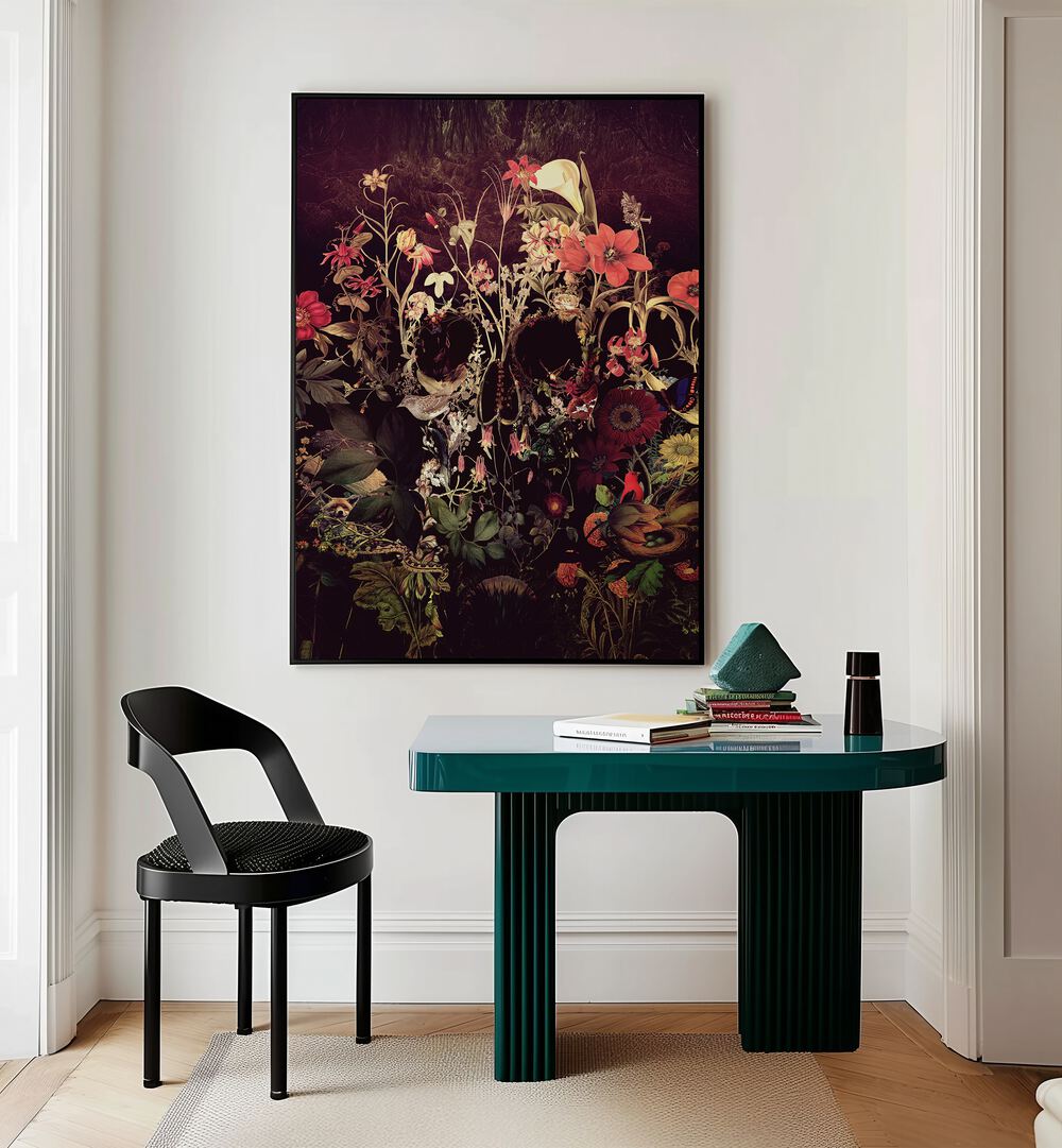 Bloom Skull Botanical Art Prints Floral Paintings in Gallery Wrap placed on a wall behind a study table