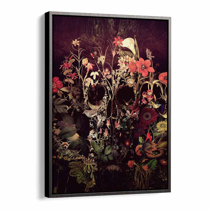 Bloom Skull Botanical Art Prints Floral Paintings in Black Floater Frame