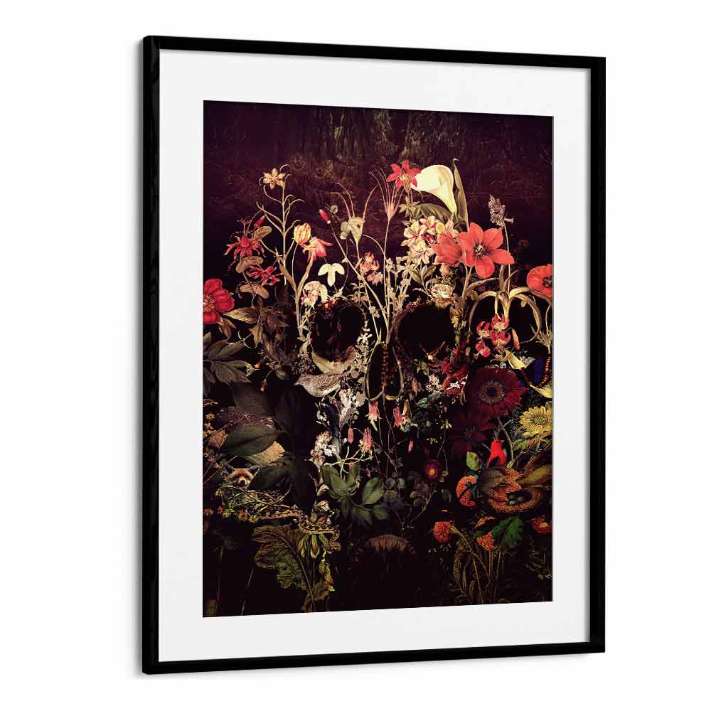 Bloom Skull Botanical Art Prints Floral Paintings in Black Frame With Mount