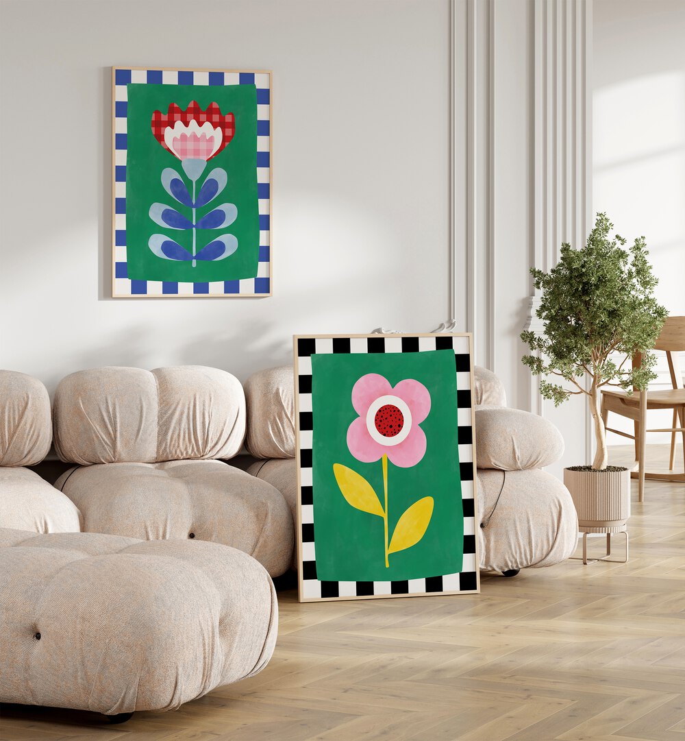 Elevate your decor with the vibrant BLOOM & CHECKER SET, featuring two stunning floral and checkerboard paintings.