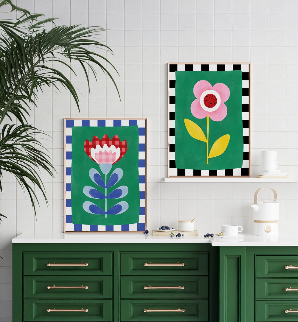 Vibrant BLOOM & CHECKER SET of 2 paintings enhances your space with floral and checker patterns. Perfect for décor!