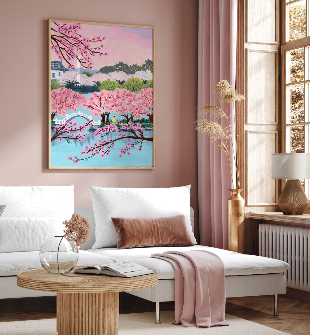 Blossom Ride By Sarah Gesek Landscape Art Prints Floral Paintings in Oak Wood Plain Frame placed on a living room wall beside a window and behind a sofa