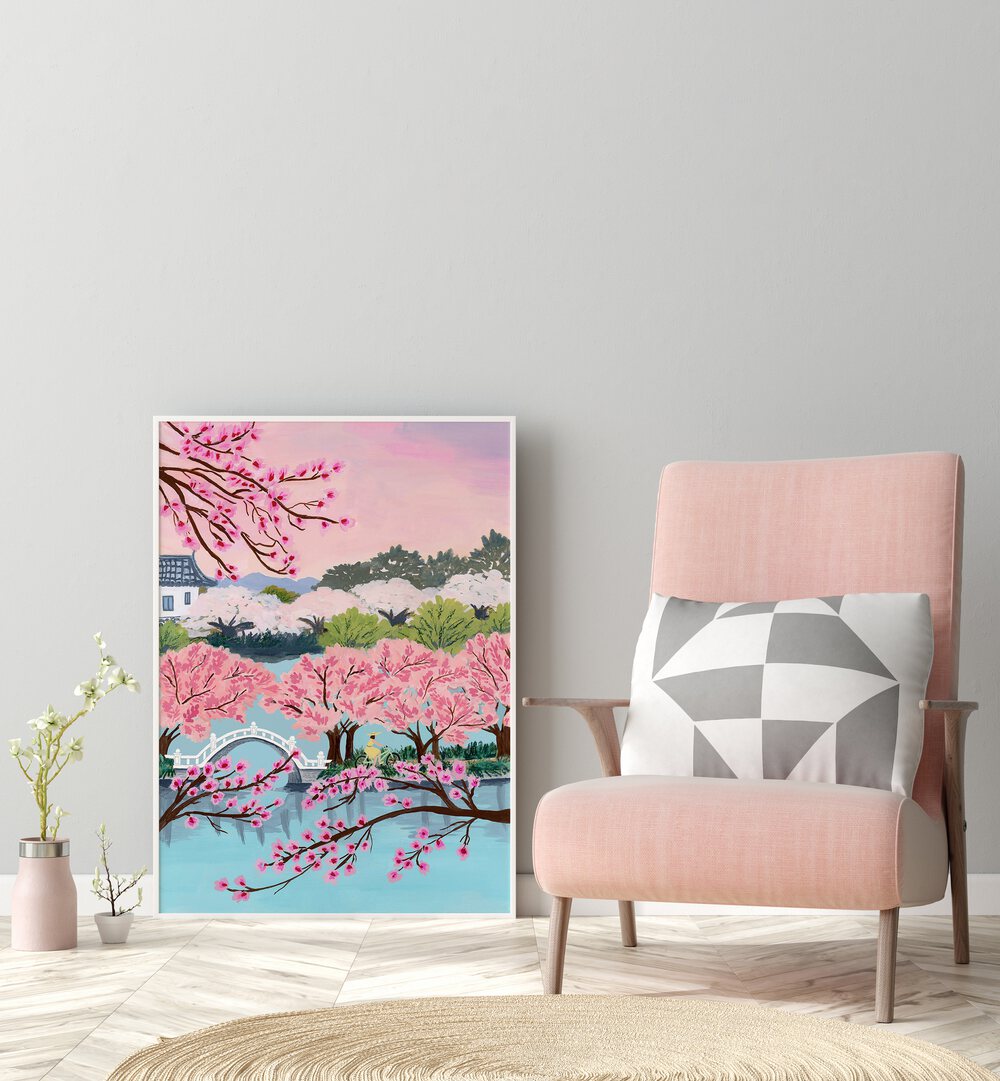 Blossom Ride By Sarah Gesek Landscape Art Prints Floral Paintings in White Plain Frame placed on the floor beside a chair