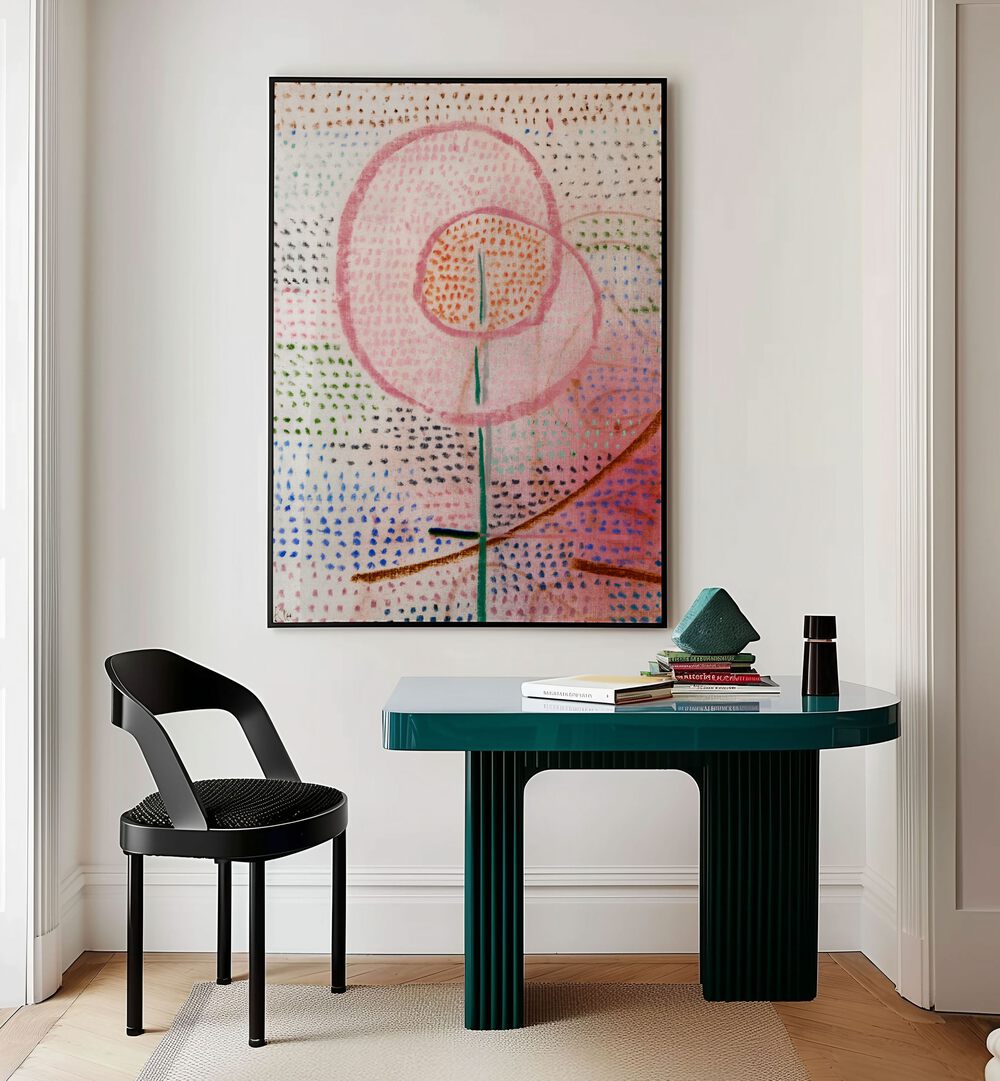 Blossoming 1934 Vintage Paintings in Black Plain Frame placed on a wall behind a study table