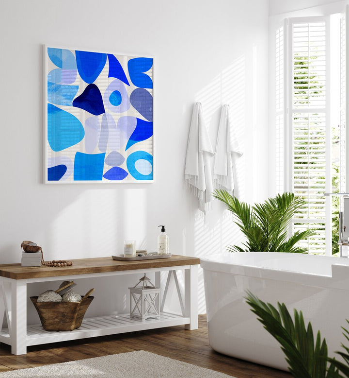 Blue Abstract Kopie I By Ana Rut Bre Abstract Art Abstract Paintings in White Plain Frame placed on a White Colored Wall near a Bathtub in the Bathroom