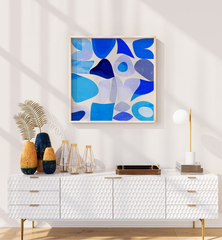 Blue Abstract Kopie I By Ana Rut Bre Abstract Art Abstract Paintings in Oak Wood Plain Frame placed on a White Colored Wall above a Console Table