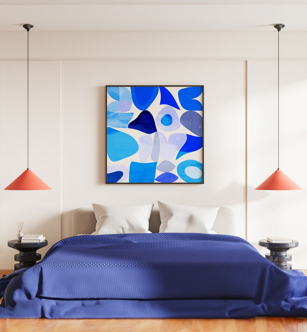 Blue Abstract Kopie I By Ana Rut Bre Abstract Art Abstract Paintings in Black Plain Frame placed on a White Colored Wall near a Bed in the Bedroom