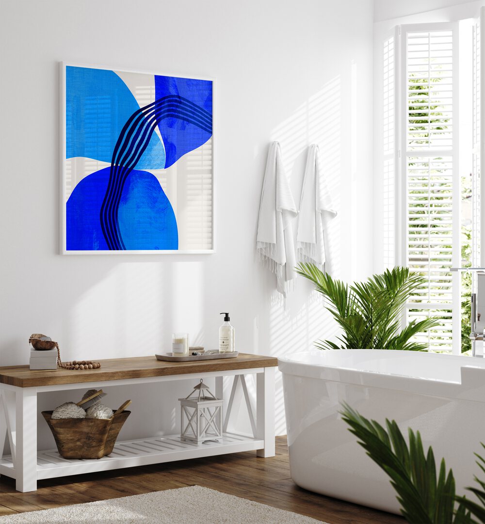 Blue Abstract Kopie II By Ana Rut Bre Abstract Art Abstract Paintings in White Plain Frame placed on a White Colored Wall near a Bathtub in the Bathroom