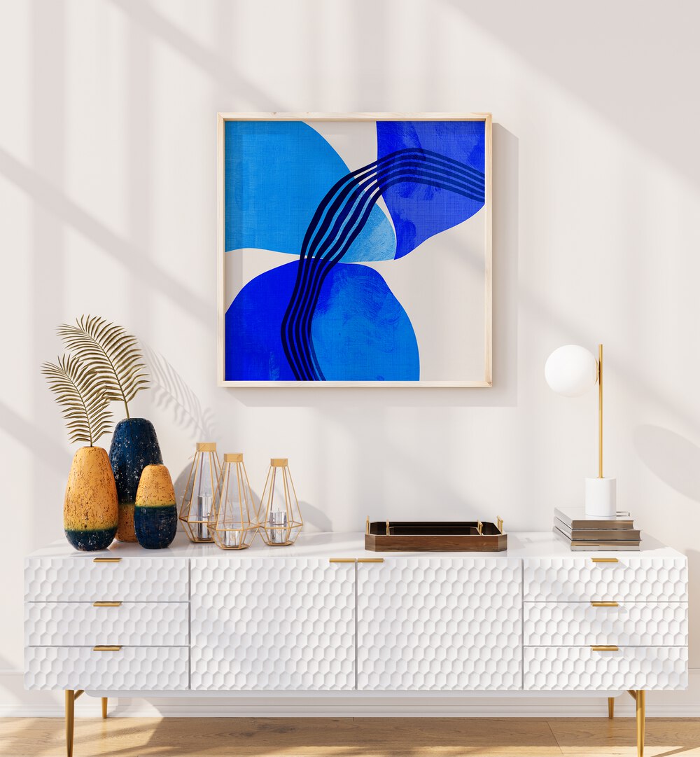 Blue Abstract Kopie II By Ana Rut Bre Abstract Art Abstract Paintings in Oak Wood Plain Frame placed on a White Colored Wall above a Console Table in the Living Room