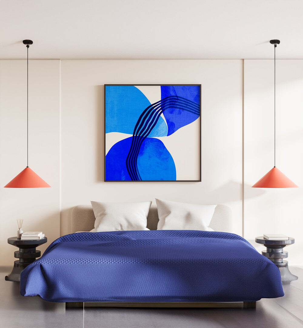 Blue Abstract Kopie II By Ana Rut Bre Abstract Art Abstract Paintings in Black Plain Frame placed on a White Colored Wall near a Bed in the Bathroom