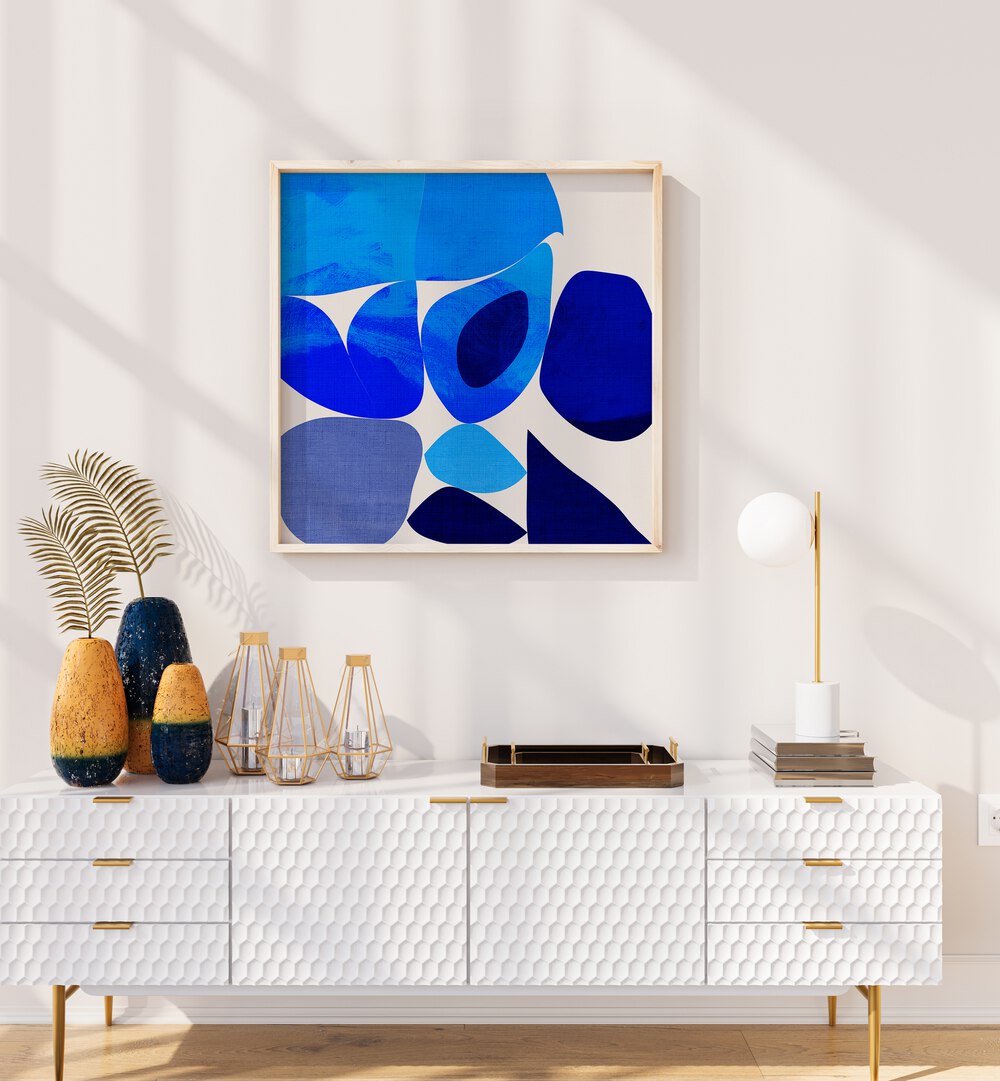 Blue Abstract Kopie III By Ana Rut Bre Abstract Art Abstract Paintings in Oak Wood Plain Frame placed on a White Colored Wall above a Console Table in the Living Room