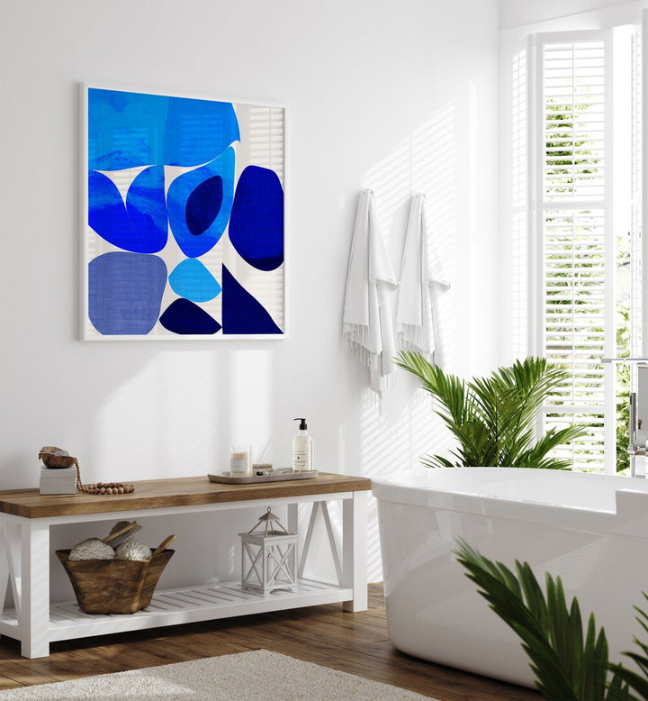 Blue Abstract Kopie III By Ana Rut Bre Abstract Art Abstract Paintings in White Plain Frame placed on a White Colored Wall near a Bathtub in the Bathroom