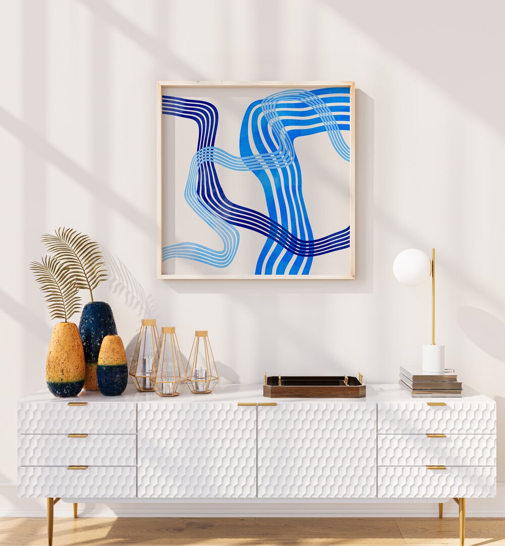 Blue Abstract Kopie IV By Ana Rut Bre Abstract Art Abstract Paintings in Oak Wood Plain Frame placed on a White Colored Wall above a Console Table in the Living Room