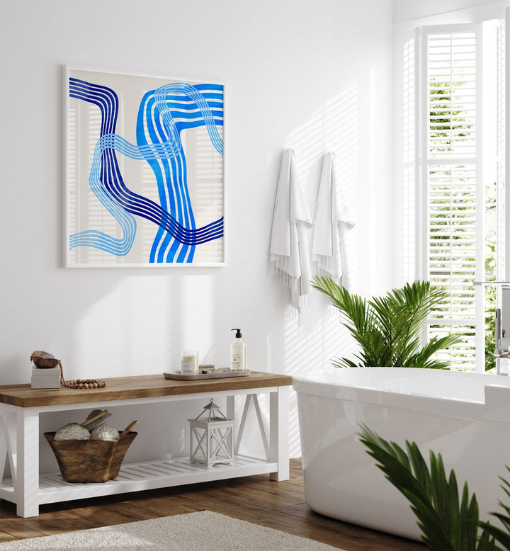 Blue Abstract Kopie IV By Ana Rut Bre Abstract Art Abstract Paintings in White Plain Frame placed on a White Colored Wall near a Bathtub in the Bathroom