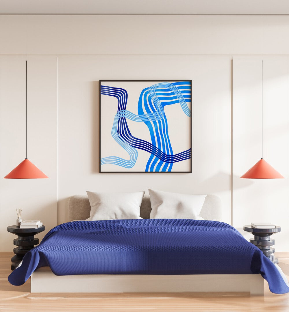 Blue Abstract Kopie IV By Ana Rut Bre Abstract Art Abstract Paintings in Black Plain Frame placed on a White Colored Wall near a Bed in the Bedroom