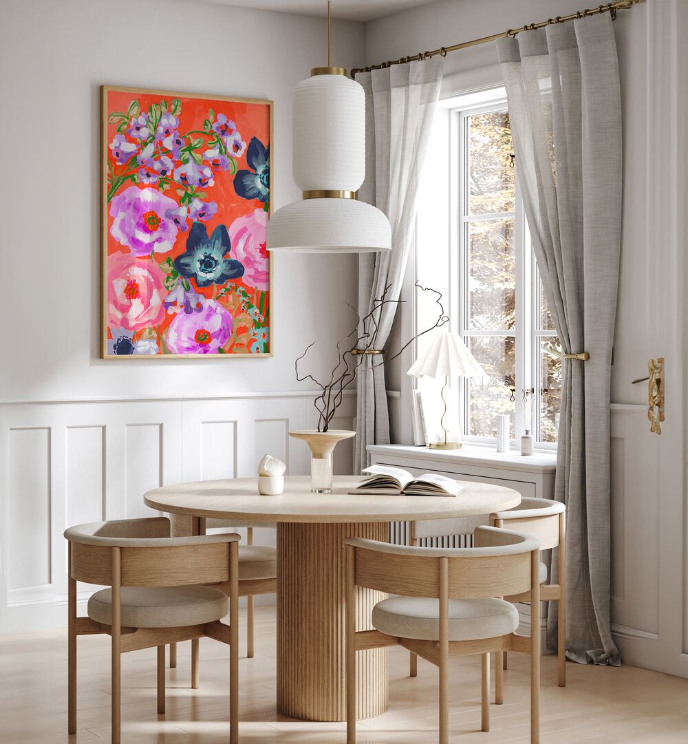 Blue Anemons On Red By Ania Zwara Botanical Art Prints Floral Paintings in Oak Wood Plain Frame placed on a White Colored Wall near a Coffee Table in the Dining Room