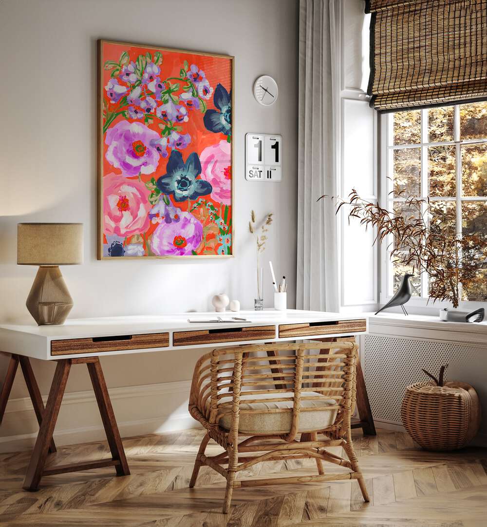 Blue Anemons On Red By Ania Zwara Botanical Art Prints Floral Paintings in Oak Wood Plain Frame placed on a White Colored Wall near a Study Table in the Drawing Room