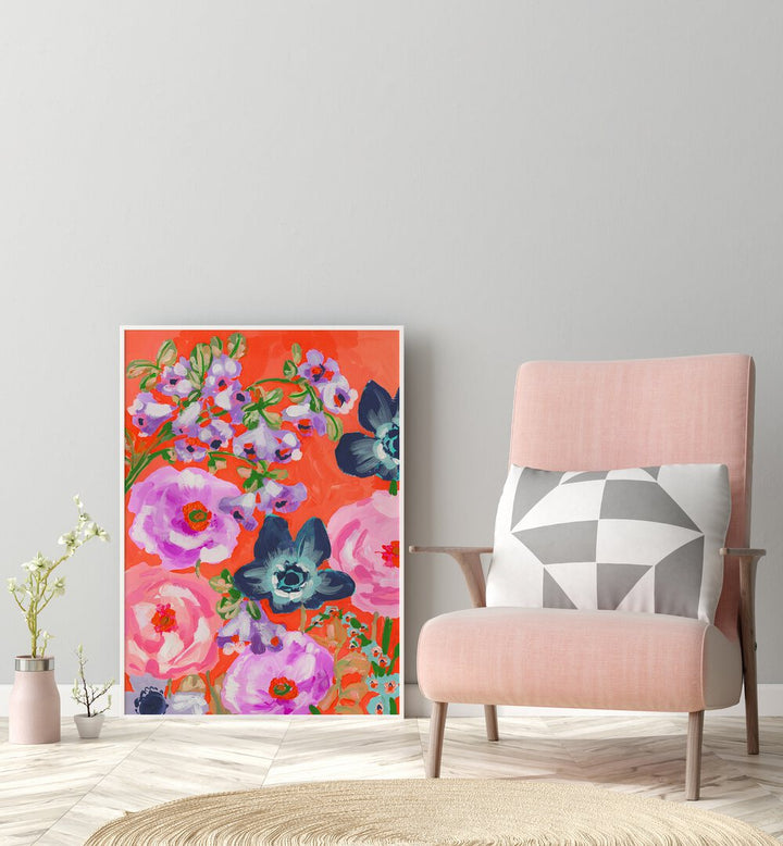 Blue Anemons On Red By Ania Zwara Botanical Art Prints Floral Paintings in White Plain Frame placed on the floor near a Grey Colored Wall in the Drawing Room