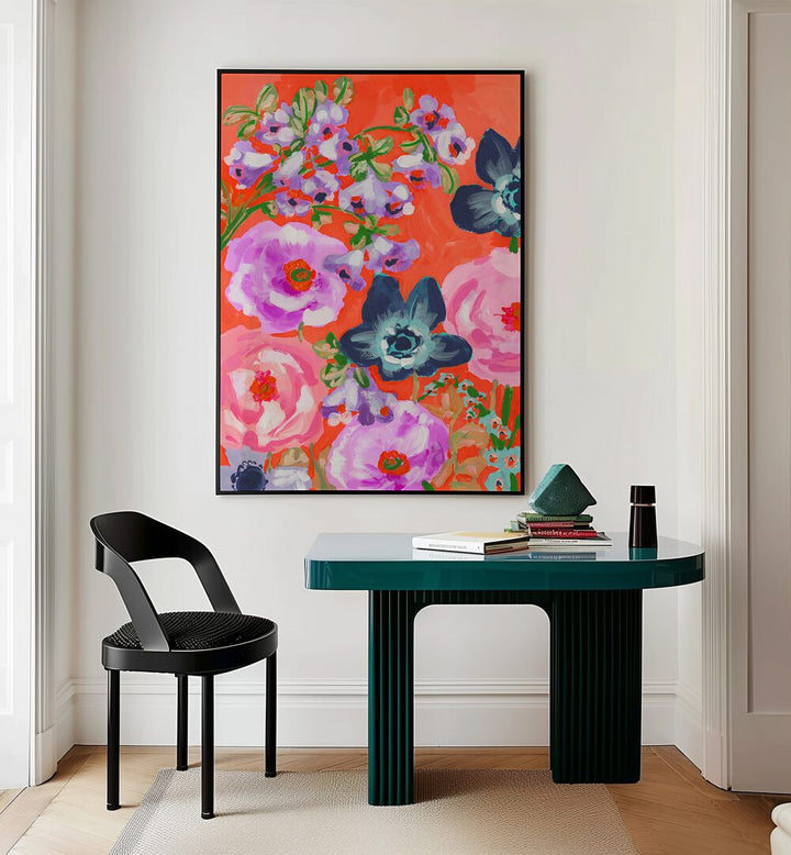 Blue Anemons On Red By Ania Zwara Botanical Art Prints Floral Paintings in Black Plain Frame placed on a Cream Colored Wall near a Table in a Workspace in the Drawing Room