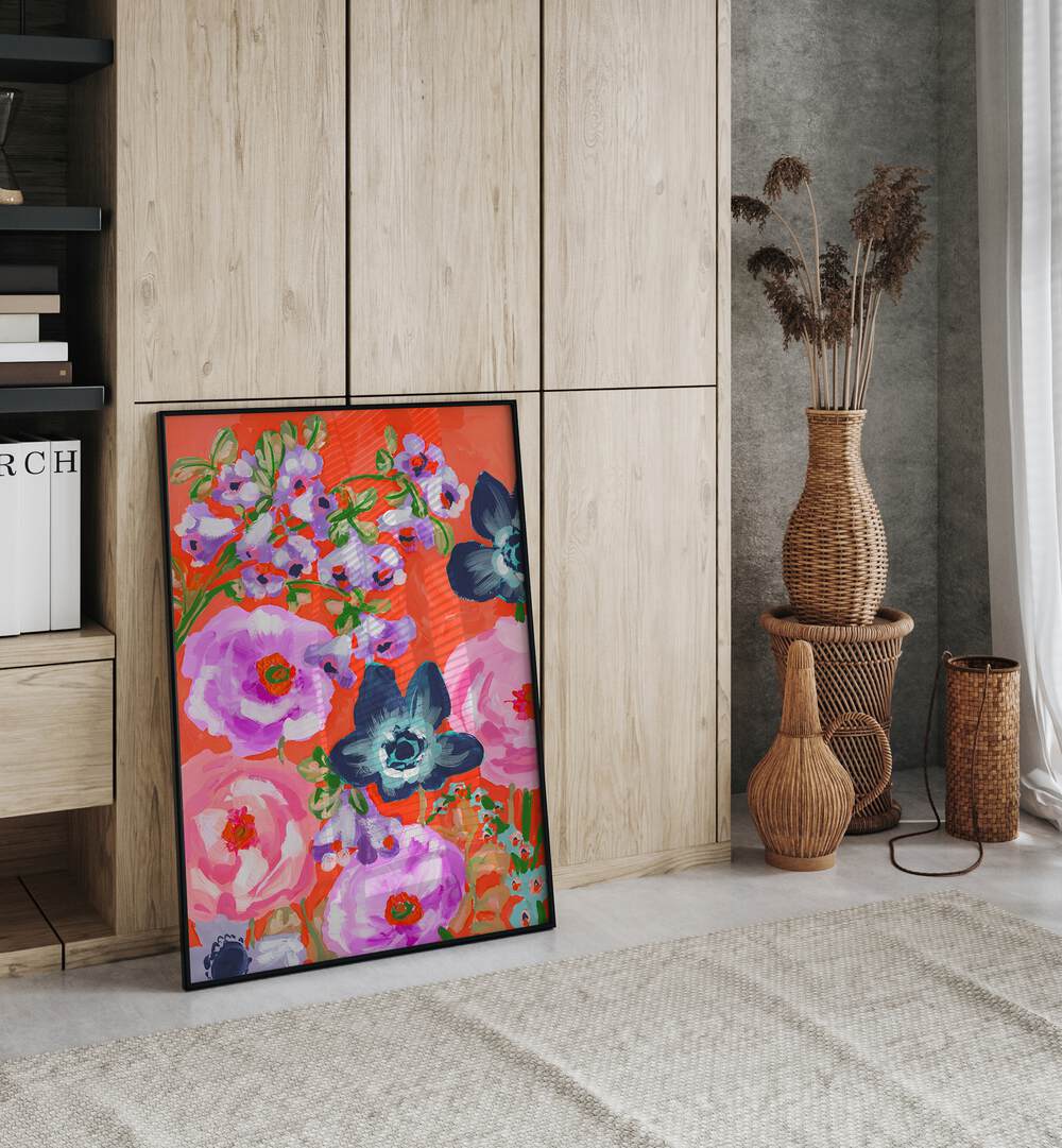 Blue Anemons On Red By Ania Zwara Botanical Art Prints Floral Paintings in Black Plain Frame placed on the floor near a Wooden Cabinet in the Drawing Room