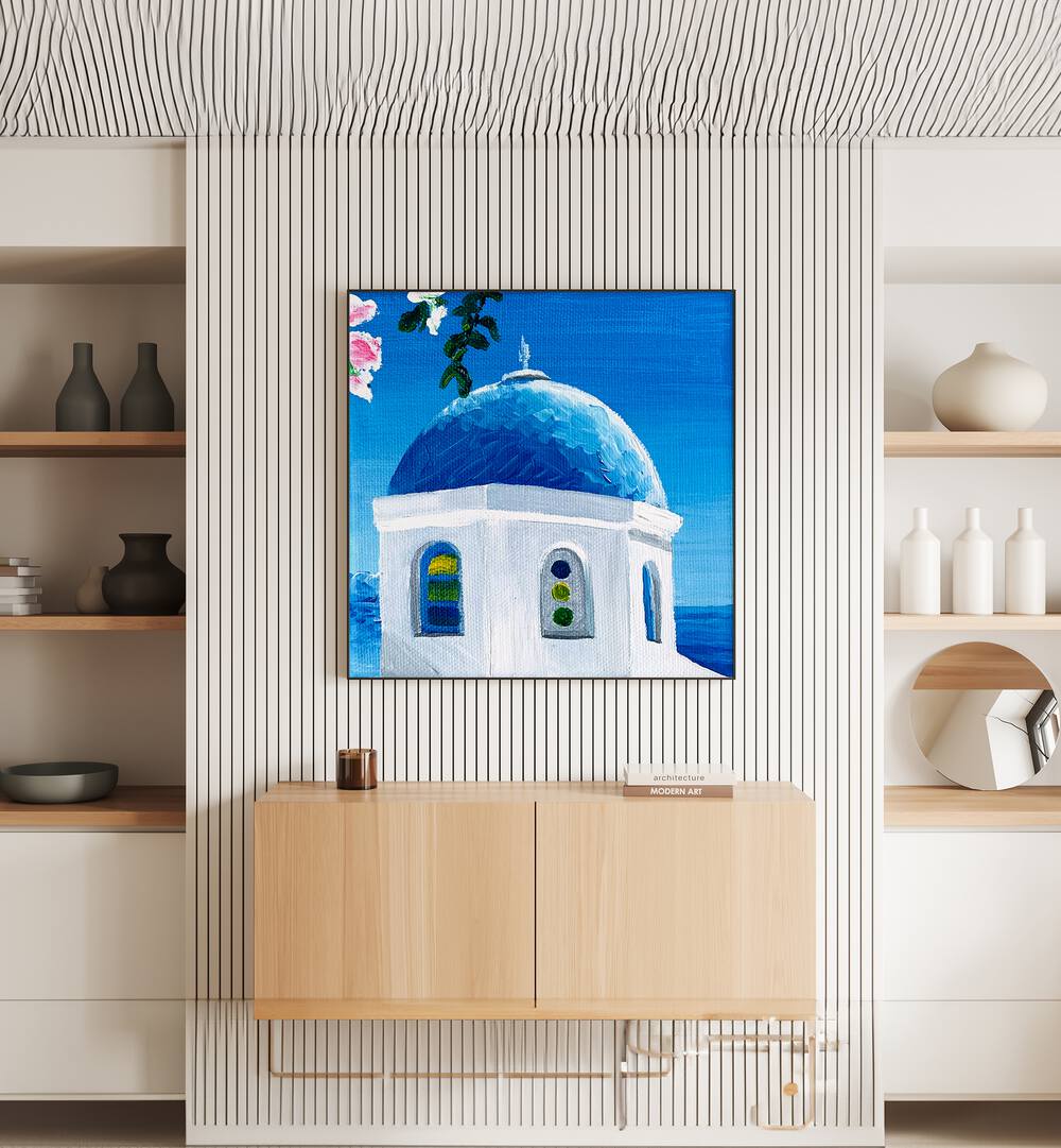 Blue Dome By Key And Sea Creative Travel Art Print in Black Plain Frame on a wall above console table