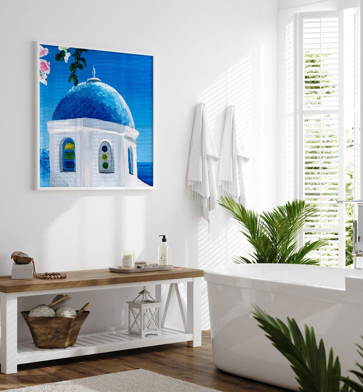 Blue Dome By Key And Sea Creative Travel Art Print in White Plain Frame on a white wall in bathroom