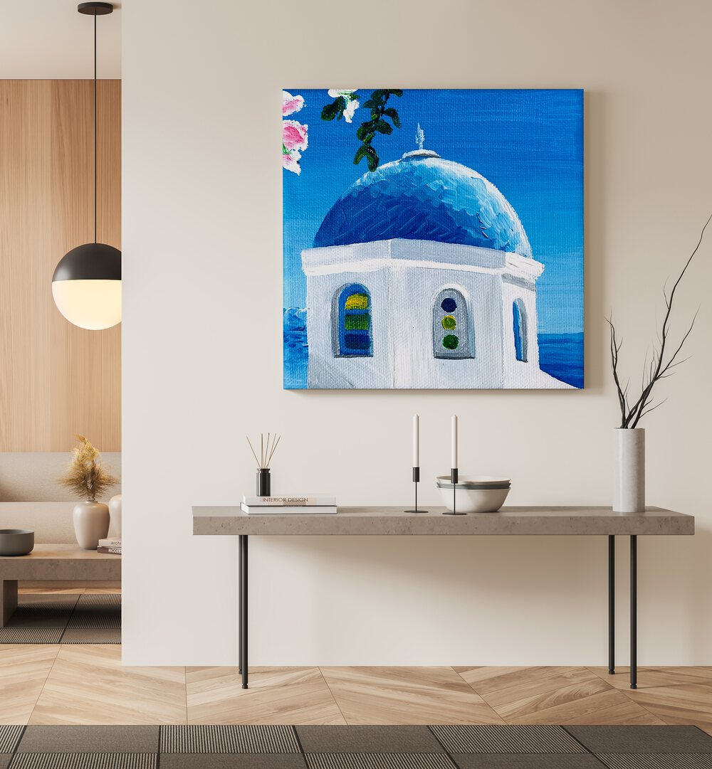 Blue Dome By Key And Sea Creative Travel Art Print in Gallery Wrap on a beige colour wall above a table