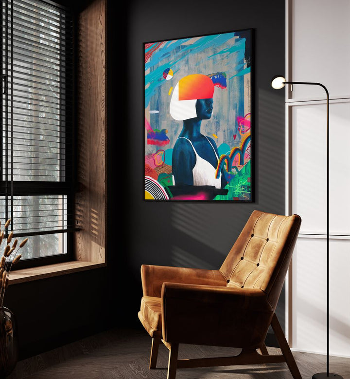 Blue Girl by Famous When Dead Pop Art Paintings Pop Art Prints in Black Plain Frame placed on a wall beside an orange sofa and a window