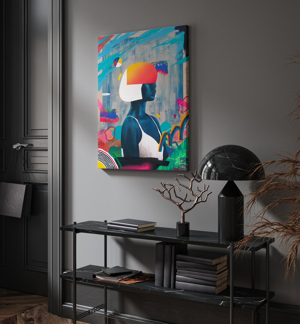 Blue Girl by Famous When Dead Pop Art Paintings Pop Art Prints in Gallery Wrap placed on a wall behind a table and beside a door