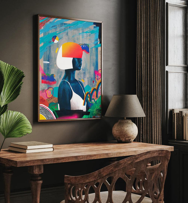 Blue Girl by Famous When Dead Pop Art Paintings Pop Art Prints in Dark Wood Plain Frame on a wall above a study table beside a lamp