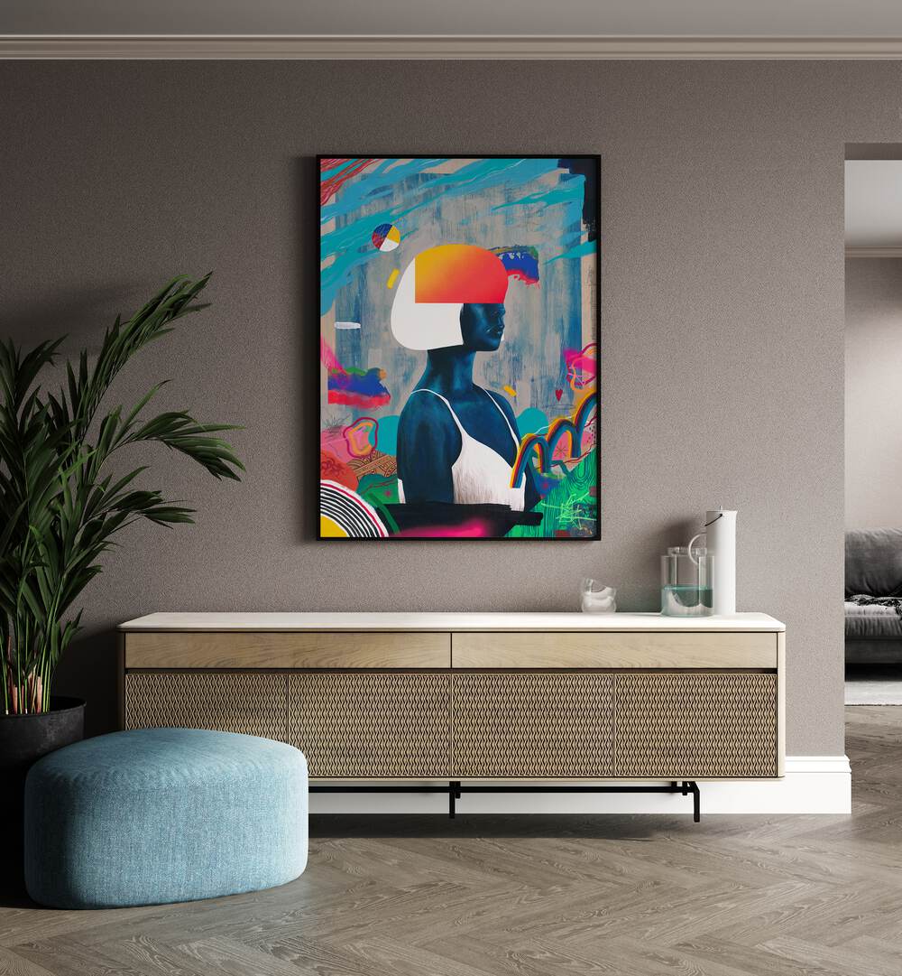 Blue Girl by Famous When Dead Pop Art Paintings Pop Art Prints in Black Plain Frame placed on a wall behind a console table