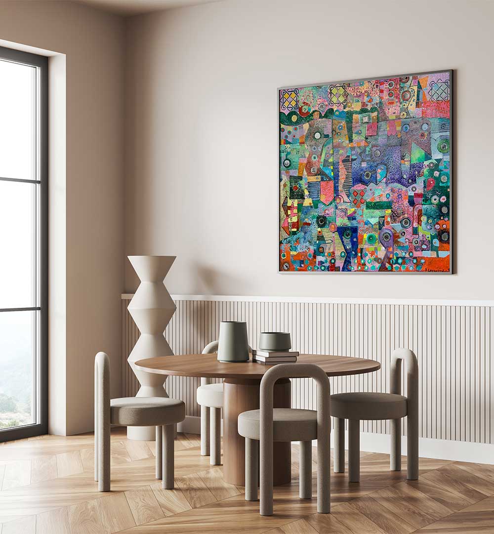 BLUE MIRRORS , ABSTRACT PAINTINGS in modern dining room, luminous azure indigo canvas with metallic accents