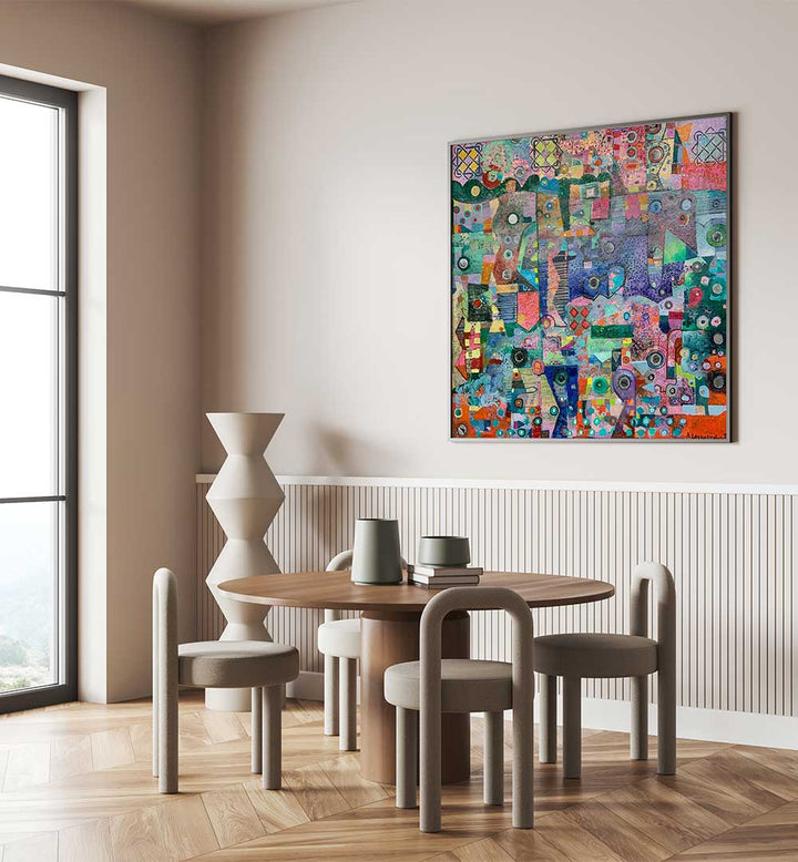 BLUE MIRRORS , ABSTRACT PAINTINGS in modern dining room, luminous azure indigo canvas with metallic accents