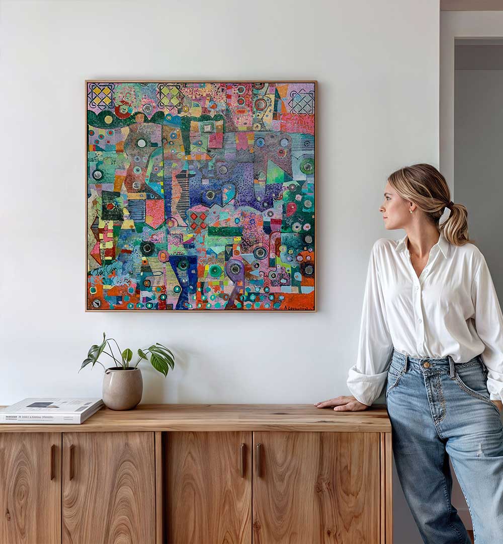 BLUE MIRRORS , ABSTRACT PAINTINGS canvas with layered azure, indigo and metallic accents above a wooden console in a modern living room