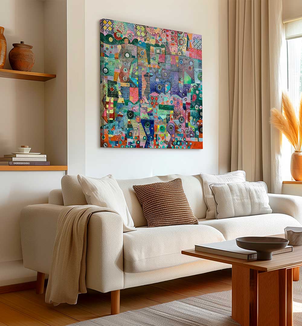 BLUE MIRRORS , ABSTRACT PAINTINGS: luminous azure, indigo and teal with metallic accents above living room sofa