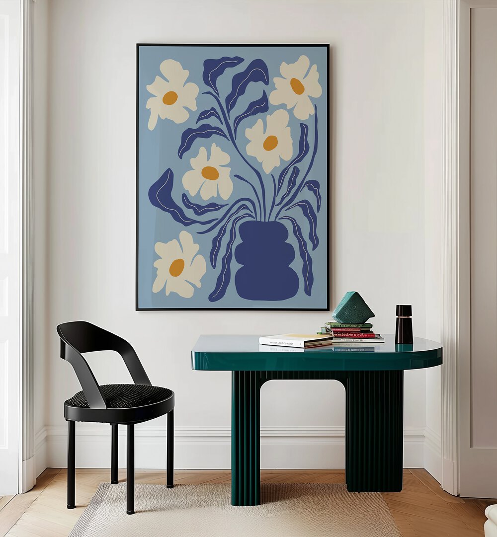 Blue Moon Flower-Pot By Miho Art Studio Botanical Art Prints Floral Paintings in Black Plain Frame placed on a Cream Colored Wall near a Table in a Workspace in the Drawing Room