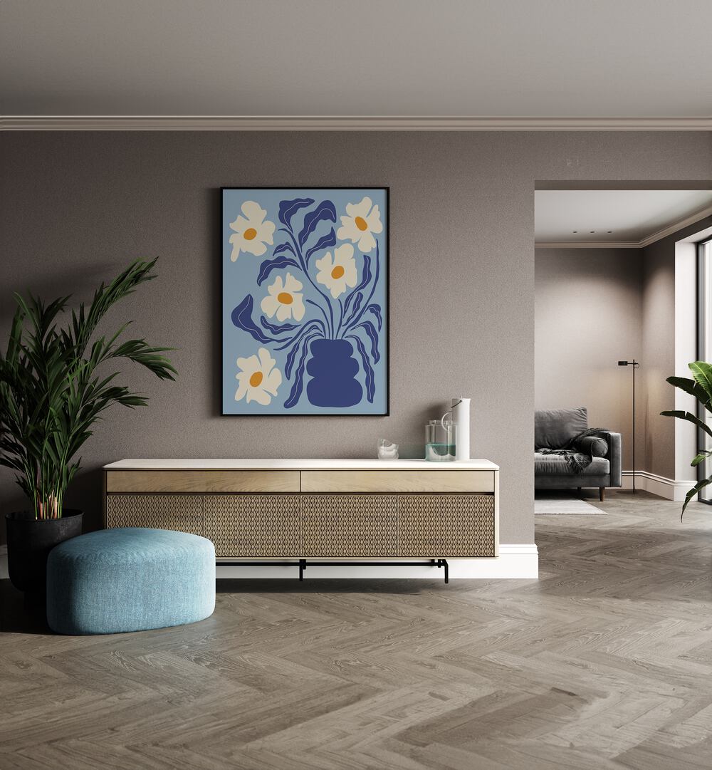 Blue Moon Flower-Pot By Miho Art Studio Botanical Art Prints Floral Paintings in Black Plain Frame placed on a Beige Colored Wall above a Console Table in the Drawing Room