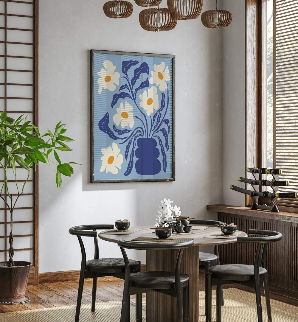 Blue Moon Flower-Pot By Miho Art Studio Botanical Art Prints Floral Paintings in Dark Wood Plain Frame placed on a White Colored Wall near a Coffee Table in the Dining Room