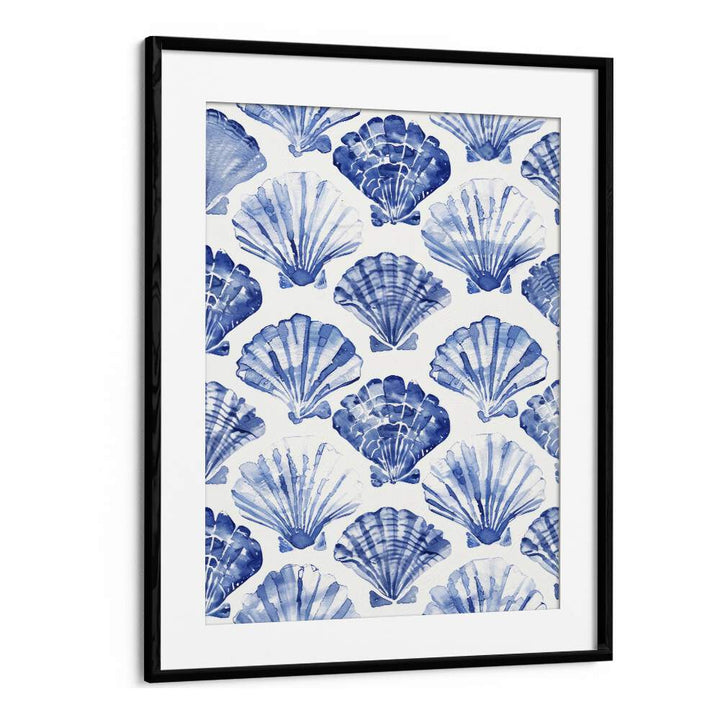 Blue Ocean Bivalve Beach Prints Coastal Wall Art in Black Frame With Mount