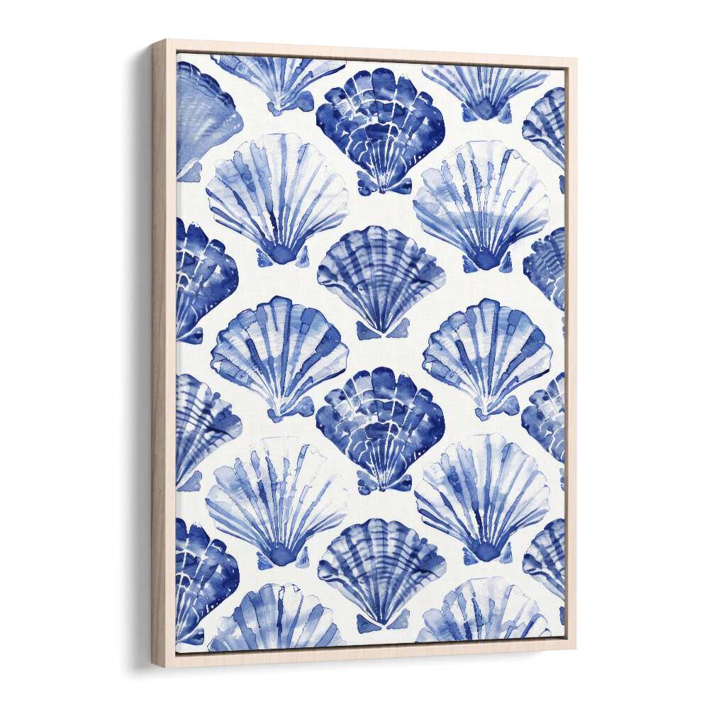 Blue Ocean Bivalve Beach Prints Coastal Wall Art in Oak Wood Floater Frame