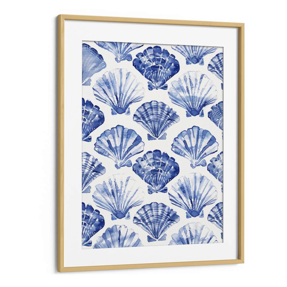 Blue Ocean Bivalve Beach Prints Coastal Wall Art in Oak Wood Frame With Mount