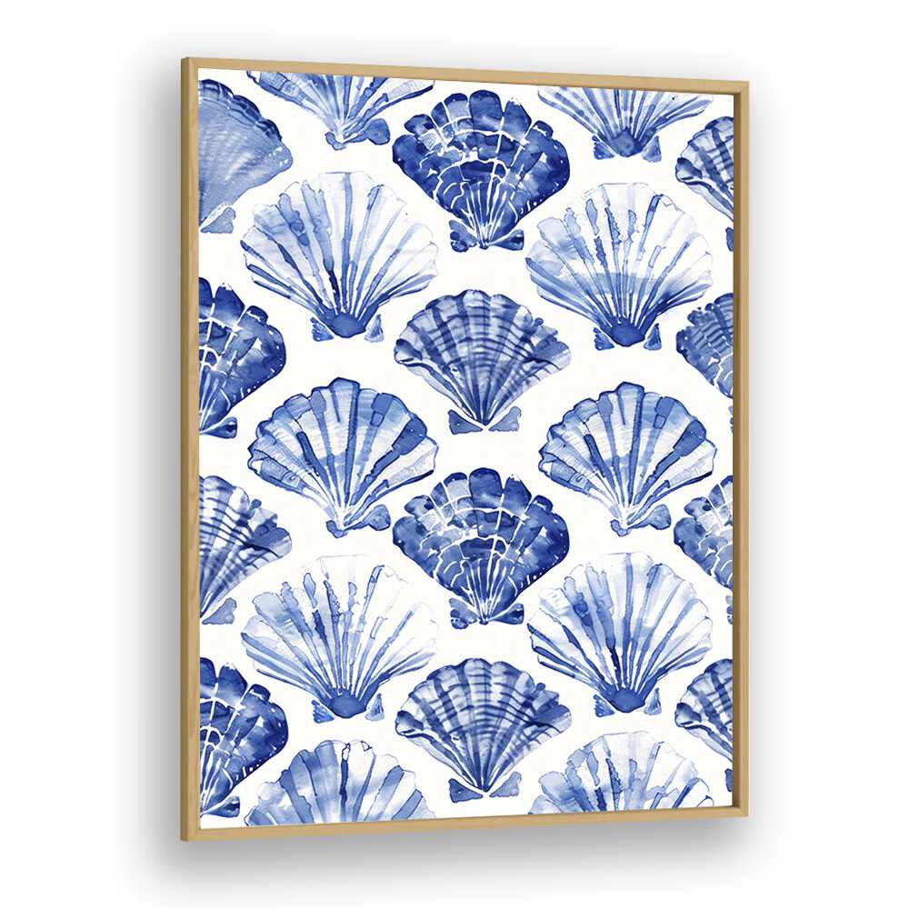 Blue Ocean Bivalve Beach Prints Coastal Wall Art in Oak Wood Plain Frame