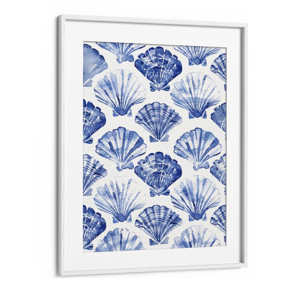 Blue Ocean Bivalve Beach Prints Coastal Wall Art in White Frame With Mount