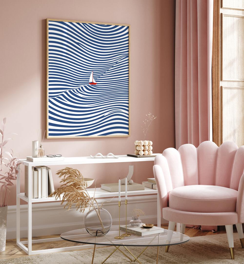 Blue Optical Waves Abstract Paintings Abstract Art Prints in Oak Wood Plain Frame placed on a Pink Colored Wall above a Console Table in the Drawing Room