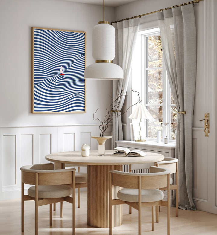 Blue Optical Waves Abstract Paintings Abstract Art Prints in Oak Wood Plain Frame placed on a White Colored Wall near a Dining Table in the Dining Room