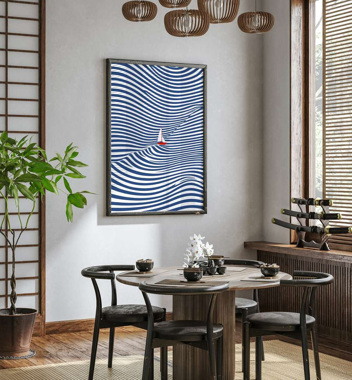 Blue Optical Waves Abstract Paintings Abstract Art Prints in Dark Wood Plain Frame placed on a White Colored Wall near a Coffee Table in the Dining Room