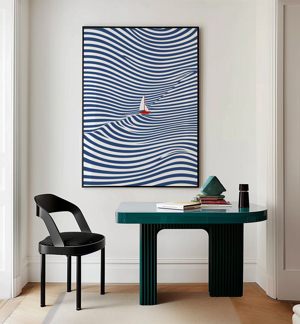 Blue Optical Waves Abstract Paintings Abstract Art Prints in Black Plain Frame placed on a Cream Colored Wall near a Table in a Workspace in the Drawing Room