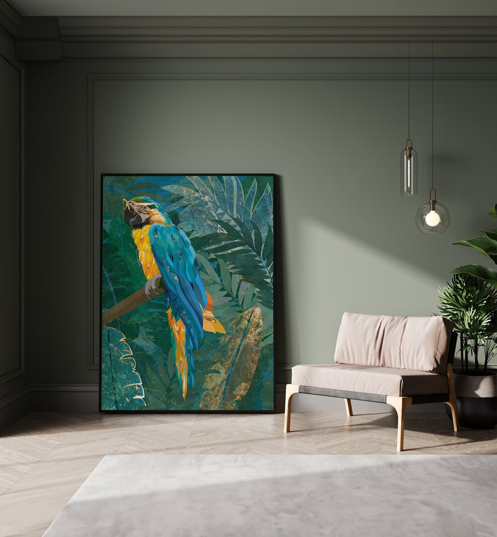 Blue Parrot in the Rainforest By Sarah Manovski Wildlife Paintings placed on wall