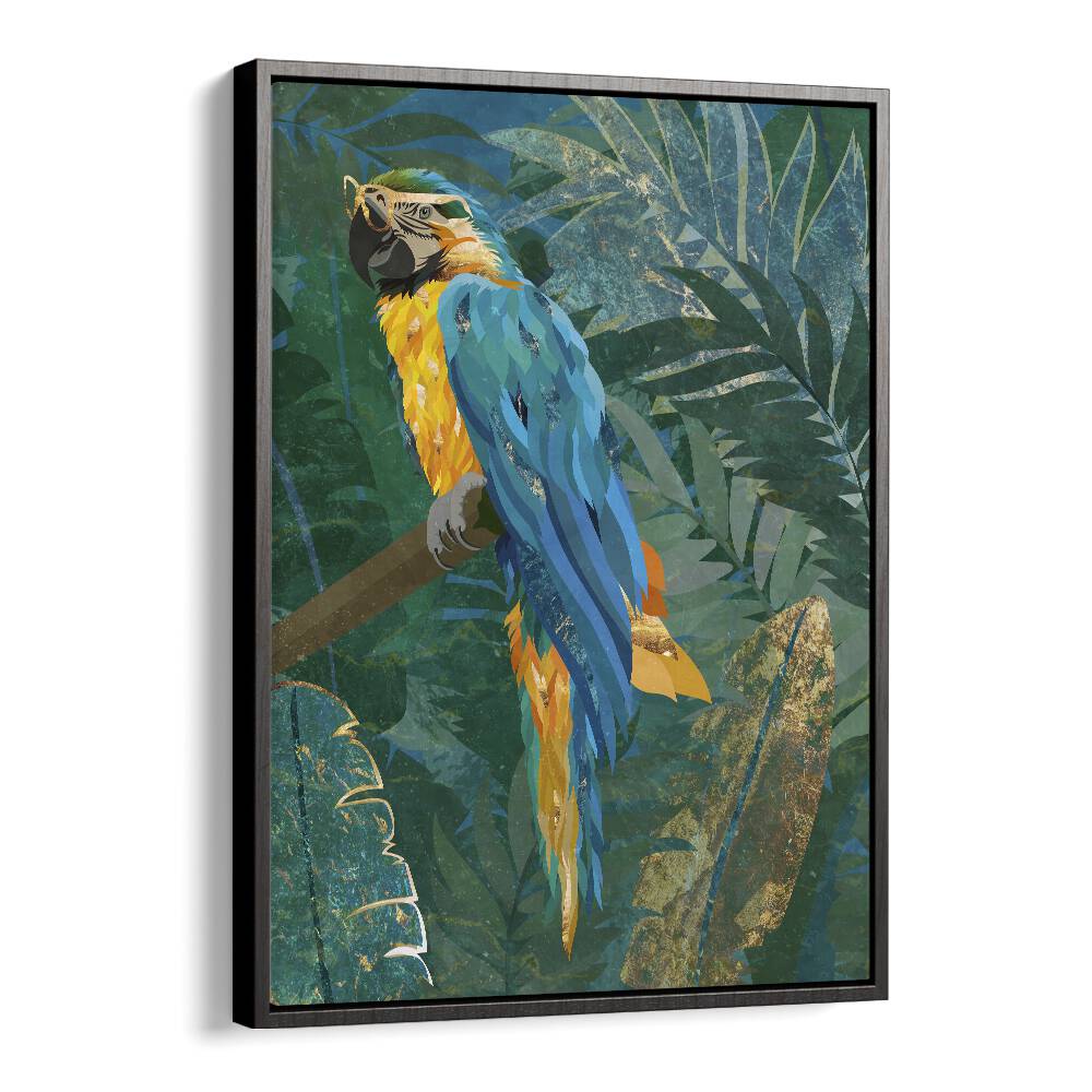 Blue Parrot in the Rainforest By Sarah Manovski Wildlife Paintings in Black Floater Frame